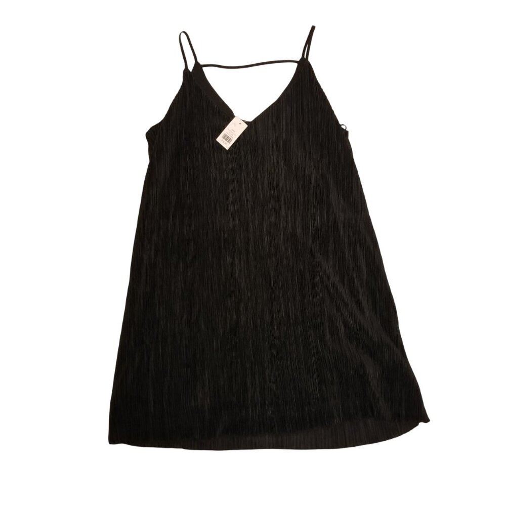 NWT Black Dress with Pleats Small A-Line Crepe Satin Finish Flowy Mini Dress